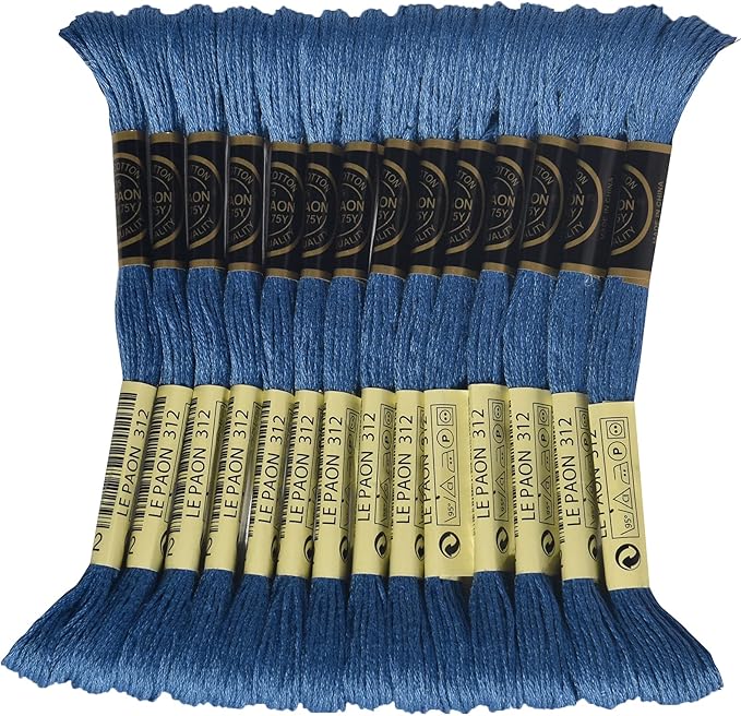 LE PAON Embroidery Floss, 14-Pack Six Strands 100% Long Staple Cotton Embroidery Thread, 8.7-Yard，Color Number：312, Very Dark Baby Blue