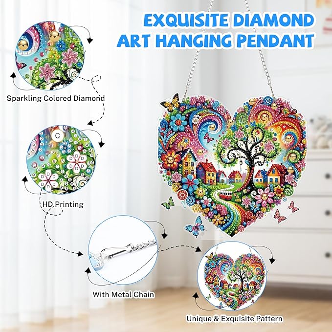 Bowetile Heart-Shaped Flower Diamond Art Hanging Kits for Adults, Diamond Art Suncatchers Tree of Life, 5D Special Shape Diamond Painting Pendant Window Ornament Gifts for Home Wall Decor