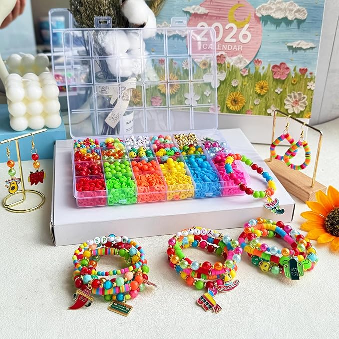 2200PCS+ Cinco De Mayo Fiesta Beads Mexican Beads for Bracelets Jewelry Making Kit, Colorful Polymer Clay Beads Assorted Pearl Crystal Acrylic Star Beads with Sombrero Chili Cactus Fiesta Charms