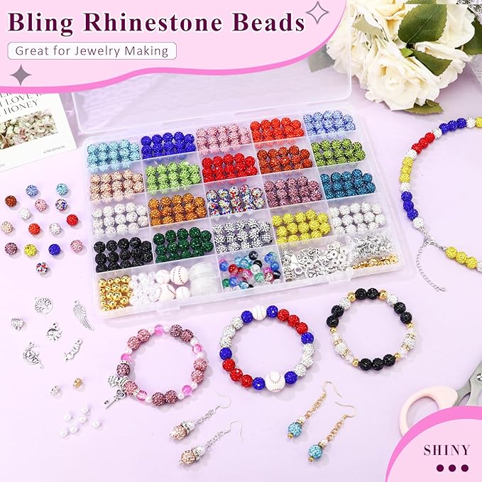 Dowarm 480PCS 10mm Rhinestone Beads Kit for Jewelry Making Baseball Necklace Friendship Bracelet, Round Disco Ball Rhinestone Clay Beading Set with Crackle Spacer Beads Charms for DIY Crafting