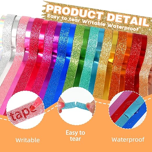AEBORN Metallic Glitter Washi Tape - 24 Rolls Thin Colored Masking Tape Set, 6mm/10mm Decorative Tapes for Bullet Journal, Scrapbook, Christmas DIY Crafts, Gift Packaging