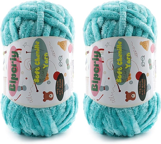 2 * 100g Fluffy Chenille Yarn for Crocheting - Chunky Velvet Yarn for Scarves Shawls, Baby Blankets, Hats Plush Toys, Plush Yarns Each Skein 49.2yd, (2, Lake Blue)