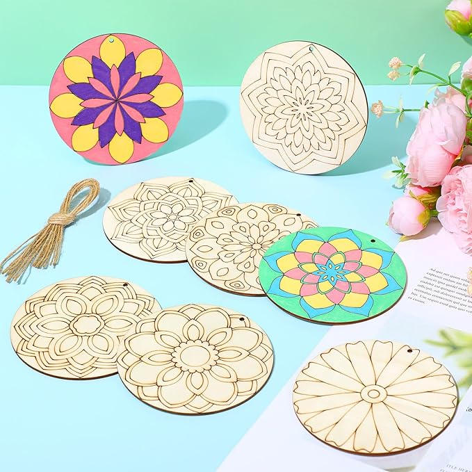 Blosssound 40 Pcs Unfinished Wood Mandala to Paint Wooden Mandala Painting Crafts Diwali Art Slices for Adult to Relax Painting DIY Crafts Ornament Wedding Home Decorations, 4 Inch(Stylish)
