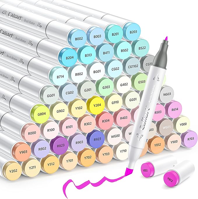caliart pastel markers, 61 colors dual tip art markers sketch pens permanent alcohol based, with case for adults artists drawing illustration sketching coloring