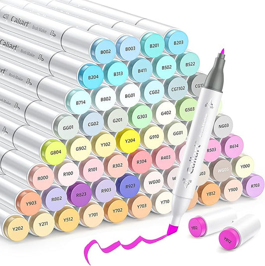 caliart pastel markers, 61 colors dual tip art markers sketch pens permanent alcohol based, with case for adults artists drawing illustration sketching coloring