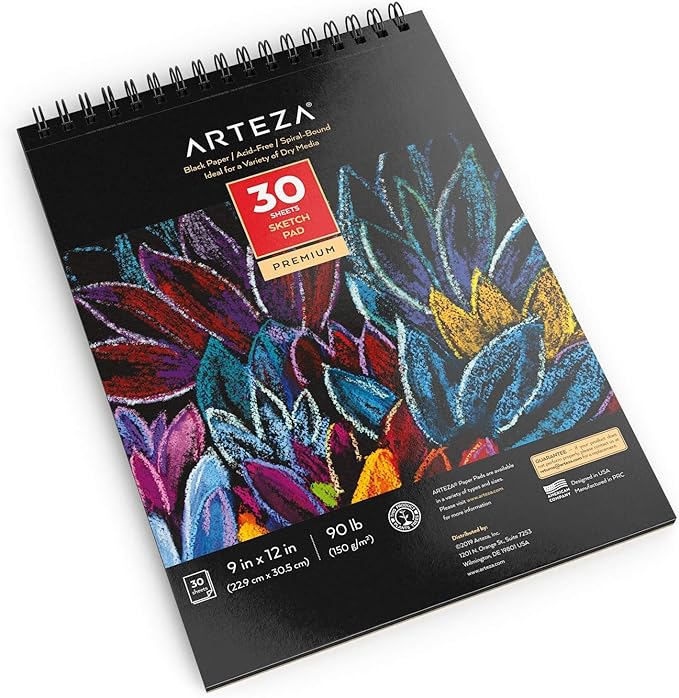 ARTEZA Spiral Sketch Book 9x12 Black Art Paper Drawing Pad 30 Sheets Sketch Pads for Drawing Adults & Teens