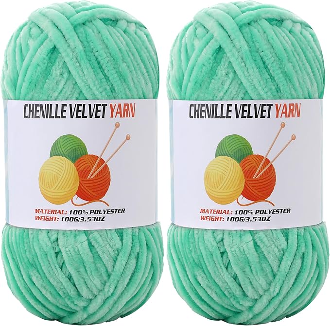 2 * 100g Velvet Chenille Chunky Yarn, Handcrafts Weaving Soft Chenille Yarn for Crocheting Clearance, Used for Making Baby Yarn Blanket, Clothes, Knitting Creations (Cyan Green)