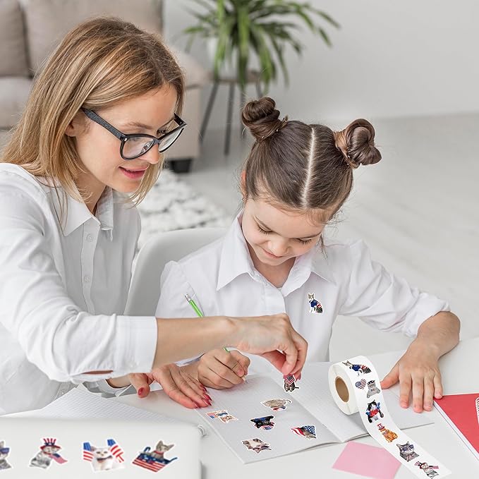 h1vojoxo 4th of july stickers - 1000pcs american patriotic cat stickers for kids vinyl flag cat sticker for independence day memorial and veterans day self-adhesive label for patriotic party decor