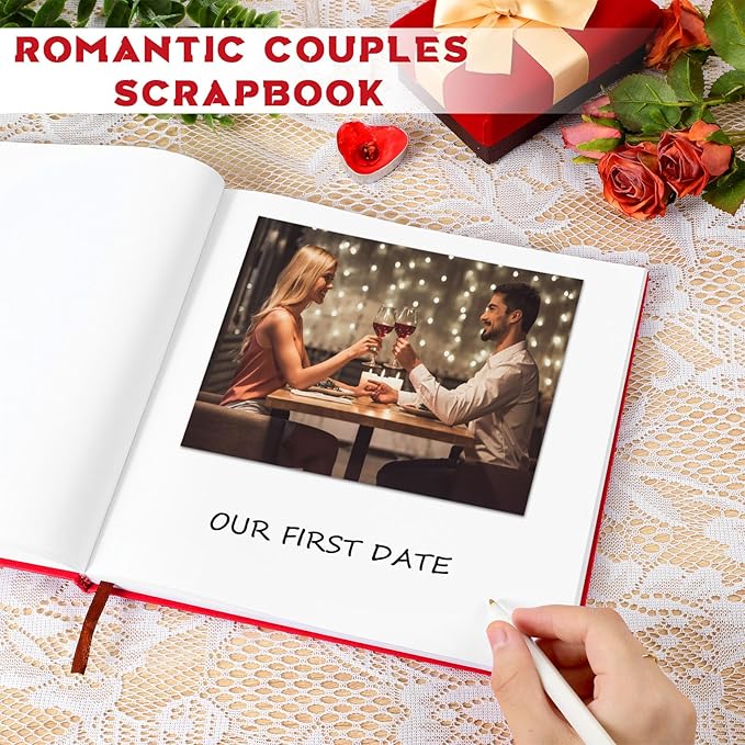 Colarr Hardcover Couples Scrapbook 144 Pages 8.7 x 8.7" Valentine Couples Photo Album Scrapbook Journal for 1 Year Wedding Memory Anniversary Photo Book Gift with 2 Markers(Red)