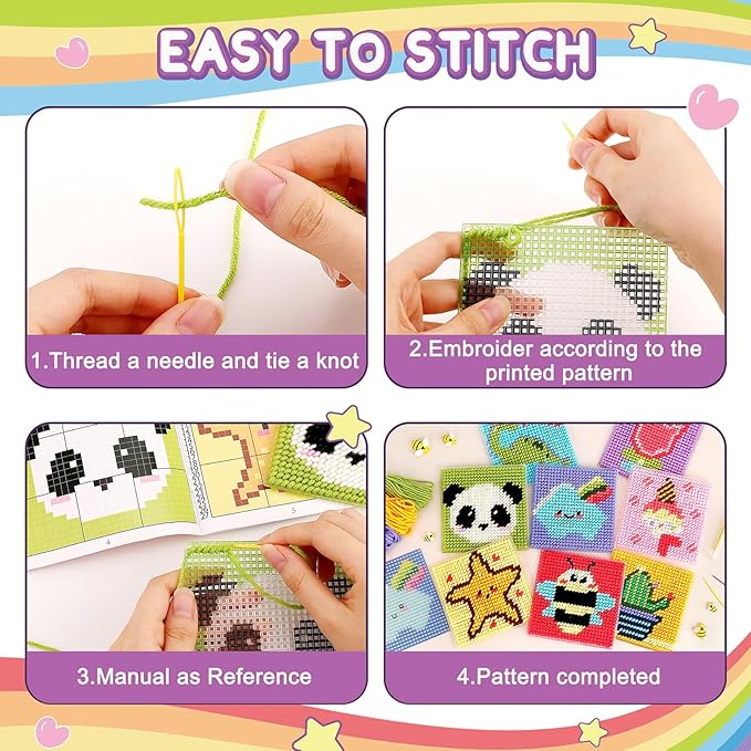 Caydo 8-in-1 Cross Stitch Kit for Beginners Kids, Includes 8 PCS Plastic Canvas with Pre-Patterns, 13 Colors Threads, Instructions, Embroidery Needles for Sewing and Coaster Needlepoint