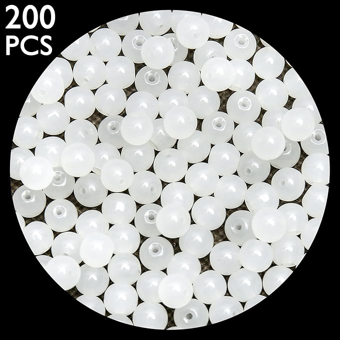 200PCs 8mm White Jade Glass Beads Bulk, Round Smooth Hole Glass Crystal Beads for Jewelry Making, DIY Bracelets, Necklaces, Bag Charms, Keychains and Craft Projects