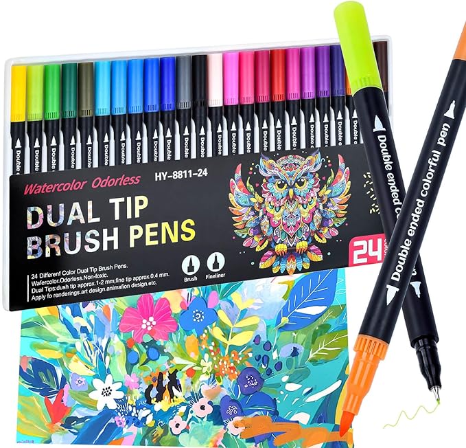 MIN CI Markers for Adult Coloring Books No Bleeding, 24 Colors Dual Markers Water-based, Dual Tip with Fine Tip and Brush Tip Pens for Calligraphy, Art Supplies Marker Kit for Drawing Art DIY Crafts