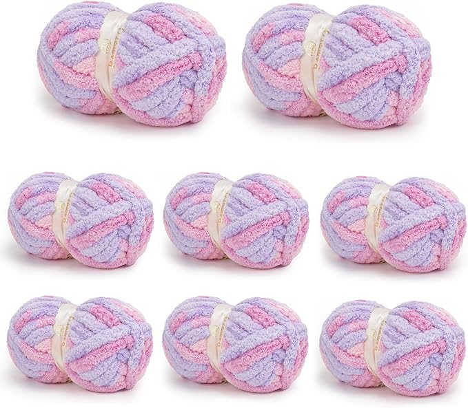 Chunky Yarn for Hand Knitting, Chunky Chenille Blanket Yarn for Crocheting, Bulky Soft Fluffy Chenille for Blanket Project, 8 Pack of 8oz/25yds, Pink&Purple