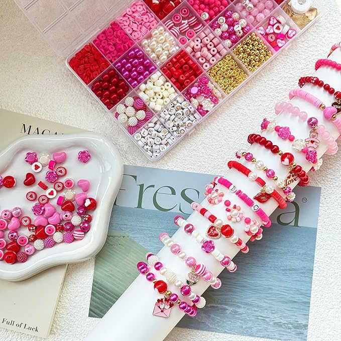 1800PCS+ Valentine’s Day Beads for Bracelets Jewelry Making Set, Pink Red Polymer Clay Beads Assorted Pearl Acrylic Heart Bead Letter Spacer Flower Bead and Heart Charms for Necklace Bracelets Making