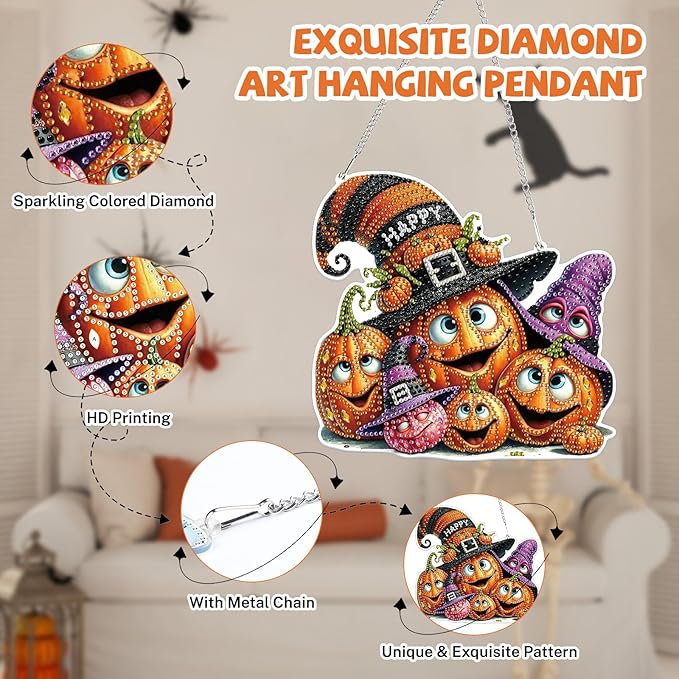 Bowetile Halloween Diamond Art Hanging Kits for Adults, Pumpkin Diamond Art Suncatchers, 5D Special Shape Diamond Painting Pendant Window Ornament Halloween Gifts for Home Garden Door Wall Decor