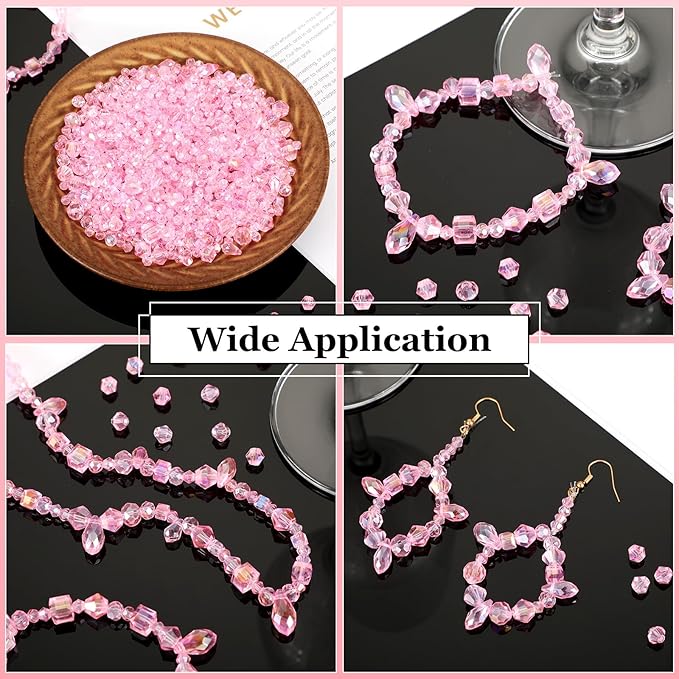 Kigeli 1280 Pcs Glass Beads Bulk Assorted Crystal Beads for Jewelry Making Faceted Teardrop Rondelle Briolette for DIY Crafts Necklace Wristband Earring Kit(Classic,Pink)