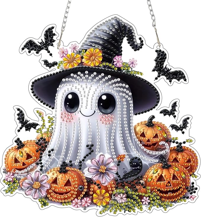 SENQAO Ghost Diamond Art Hanging Kits for Adults Kids, Acrylic Diamonds Painting Pendant Board Kits Halloween, Diamond Art Painting Window Pendants Home Garden Wall Hanging Kits Hanging Ornament