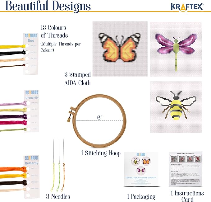 kraftex floral stamped cross stitch kits for beginners - 3 pack. diy embroidery needlepoint patterns for adults. easy cross stitch kits for beginners (garden creatures)