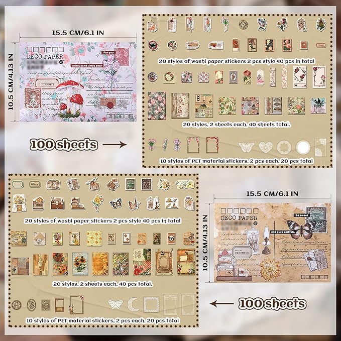 200Pcs Vintage Scrapbook Paper Sticker Kit, Nature Flowrs Scrapbooking Decals for Junk Journal Supplies Card Making Stationery Album, Collage, Planner, Gift Wrapping Craft