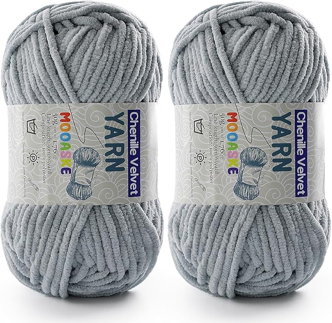 2 Pac Chenille Yarn for Crocheting - Blanket Yarn for Crocheting - Fluffy Yarn for Crochet, Baby Yarn for Crocheting Soft Blankets Weight Per Roll 50g/1.76oz, Length 60m/65yard (Light Grey)