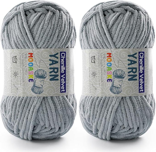 2 Pac Chenille Yarn for Crocheting - Blanket Yarn for Crocheting - Fluffy Yarn for Crochet, Baby Yarn for Crocheting Soft Blankets Weight Per Roll 50g/1.76oz, Length 60m/65yard (Light Grey)