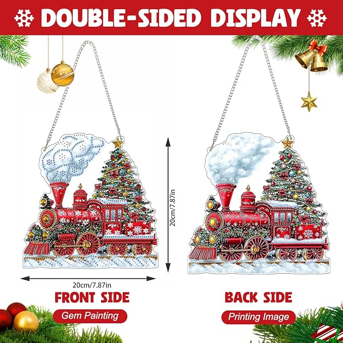NAIMOER Christmas Diamond Art Hanging Kits for Adults, Christmas Train Diamond Art Suncatchers, 5D Special Shape Fall Diamond Painting Pendant Window Ornament Gifts for Home Garden Door Wall Decor