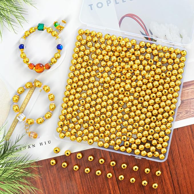 Laopottbeads 350 Pcs Gold 10MM Beads for Jewelry Making Round Beads DIY Kit for Bracelets, Earrings, Necklaces & Anklets