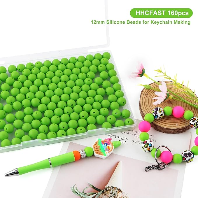 160Pcs 12mm Silicone Beads for Keychain Making Bracelet Necklace, Bulk Round Silicone Beads for Pens（Chartreuse）