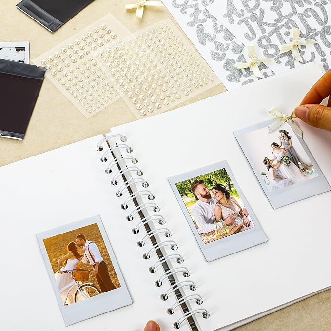 Fuyoooo 8 x 8 Inch Letters to The Bride Scrapbook Wedding Memory Book Bridal DIY Blank Paper Scrapbook Photo Album Guest Book Sign with Pearl Stickers, Metallic Letters, Bows(Warm White)
