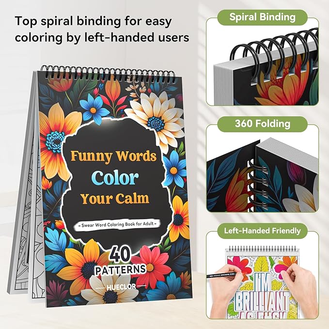 HUECLOR 300GSM Thickness Swear Word Adult Coloring Book for Women Relaxation with 36 Markers and 40 Spiritual Patterns Spiral Bound Calming Color Books No Bleeding for Female Male Teen Stress Relief