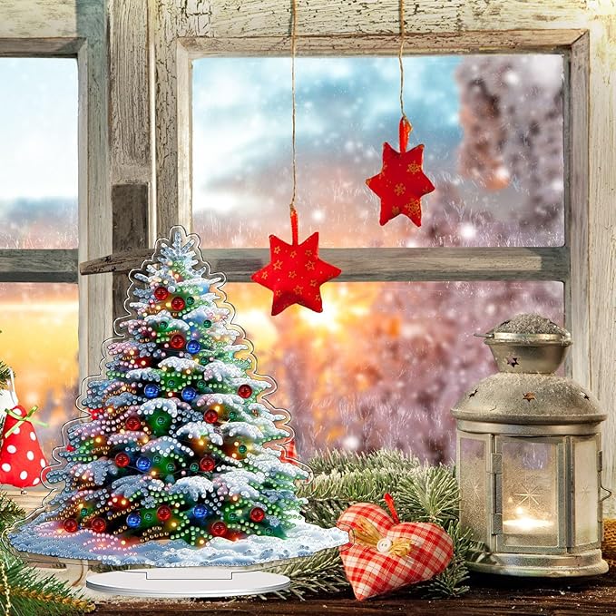 VODAPYC Christmas Diamond Art Tabletop Painting Kit, DIY Stand Up Double Sided Special Shaped Diamond Painting Desktop Ornament(Christmas Tree-2)