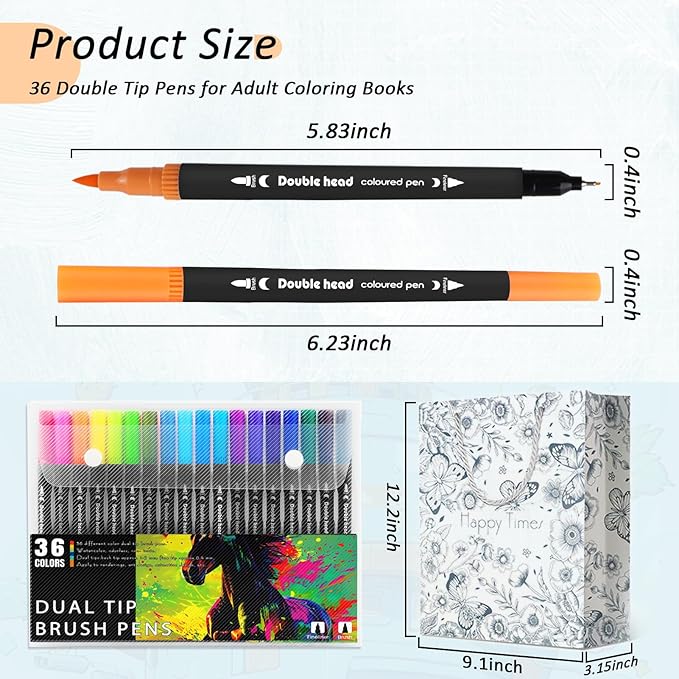 3Pcs Adult Coloring Book for Women Relaxation, Spiral Bound Adult Coloring Books for Women with 36 Markers, 36 Dual Tip Colors Markers, Mindfulness Gifts - 72 Patterns