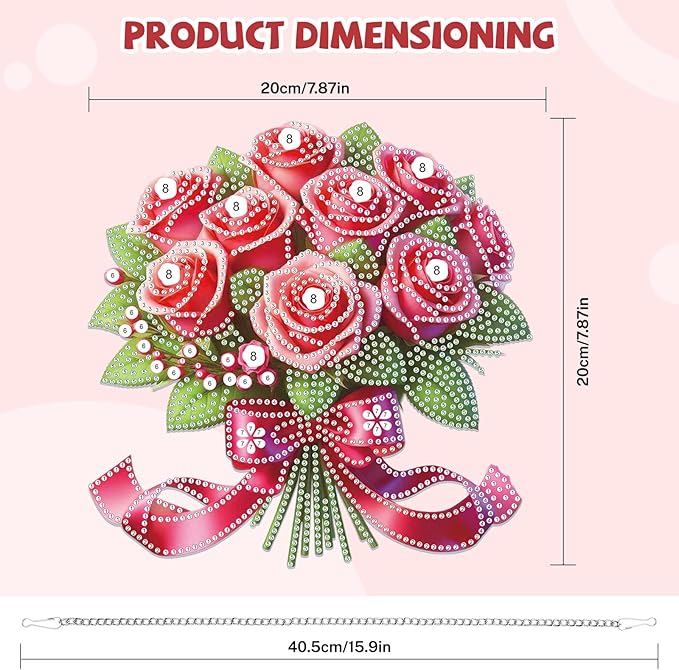 Bowetile Valentine's Day Diamond Art Hanging Kits for Adults, Diamond Art Suncatchers Pink Roses, 5D Special Shape Diamond Painting Flowers Pendant Window Ornament Gifts for Home Door Wall Decor