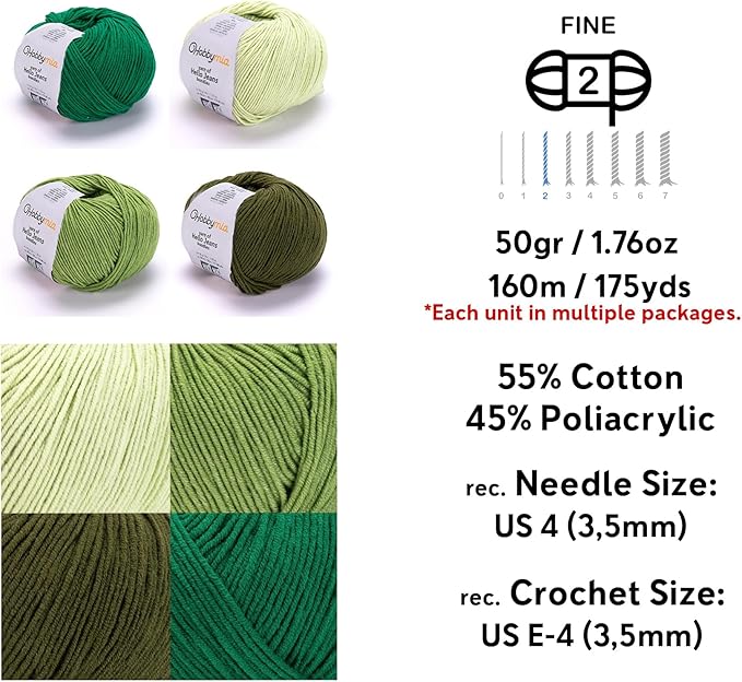 Cotton Yarn Kit - 4 Multicolor Balls Soft Sport Weight Yarn for Crochet & Amigurumi - 50g / 175yds Each & 10 Stitch Markers (H05 - Forest/Green)