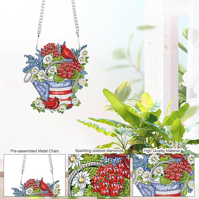 AiYuanzsh Independence Day Diamond Art Painting Hanging Pendant Kit Special Shaped Diamond Dots Art Acrylic Ornaments Flowers Cardinal Diamond Art Pendant for Adults Home Wall Window Decor Gift