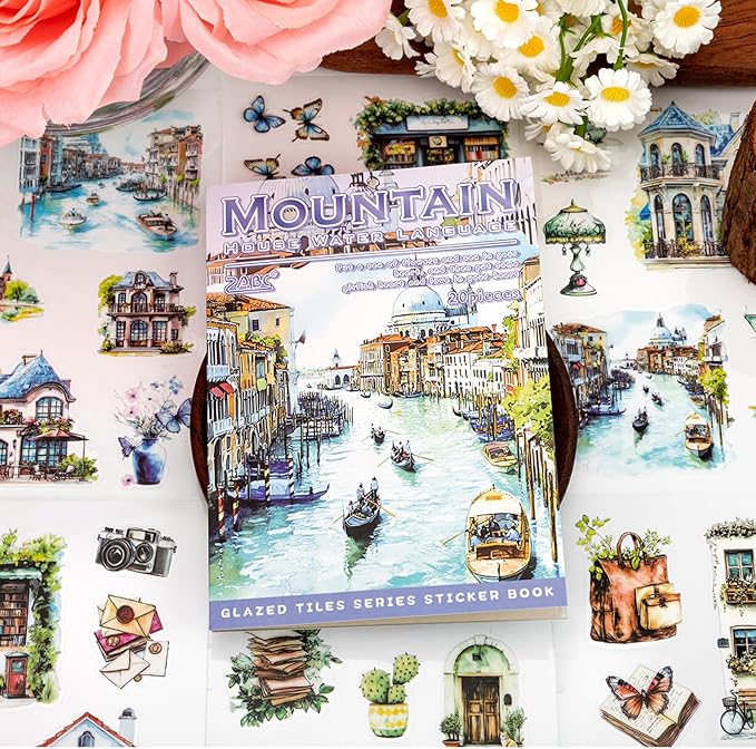 Water Mountain House Sticker Scrapbooking Supplies for Junk Journal, 20 Sheets PET Stickers - Vintage Journaling Stickers, Ephemera Sticker Book Pre Cut(TZ-009-004)