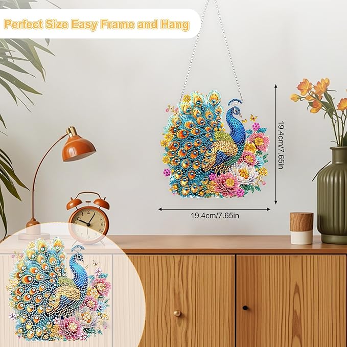 TOSTOG Flower Peacock Diamond Art Pendant Kit for Adult, Elegant Diamond Painting Hanging Kit for Beginners, 5D DIY Crafts Gem Art, Waterproof Full Accessories for Home Decor Idea 20 * 20 cm/8 * 8 in