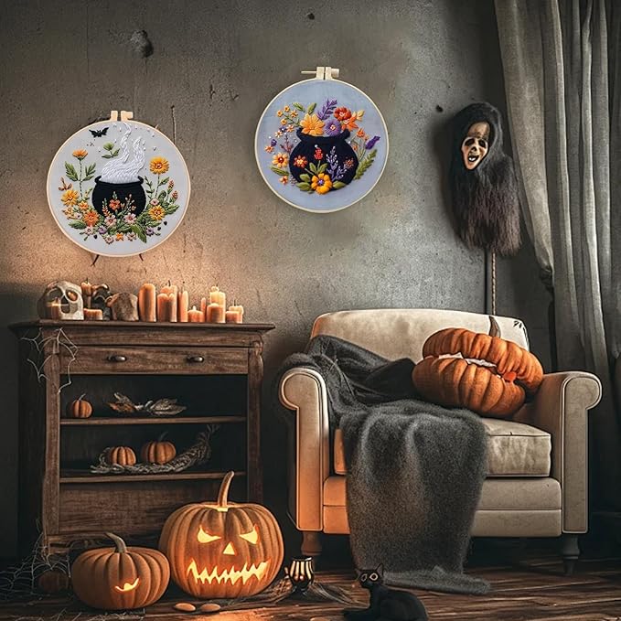 Floral Witch Hat Embroidery Kit Halloween Cross Stitch Material Set with Bat Skull Flower Pumpkin Patterns, DIY Hand Needlepoint Embroidery Craft Kit for Beginners Professional (Floral Cauldron A)