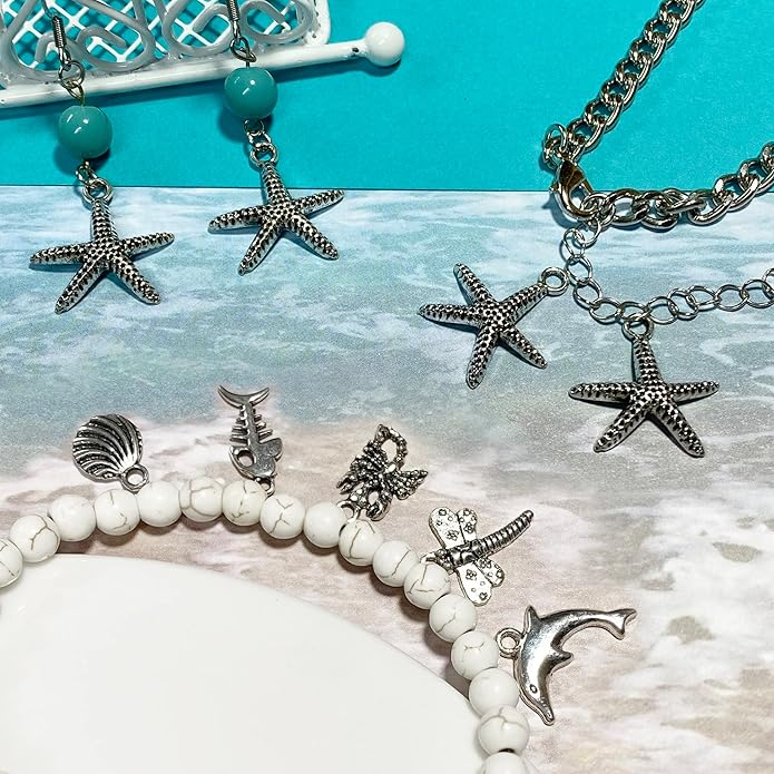 Heather's cf Silver Sea Charms – Antique Pendants, Non-Tarnish, Lead-Free & Nickel-Free, Bulk Ocean Animal Charms for DIY Jewelry, Bracelets, Necklaces, Earrings, Beach Craft Supplies (Sea Animals)