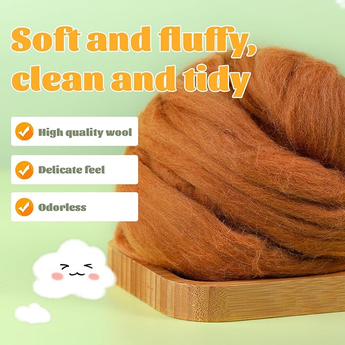 3.53oz Wool Roving, Wool Felting Supplies, Pure Wools, Chunky Yarn, Spinning Wool Roving for Needle Felting Wet Felting DIY Hand Spinning (Light Brown)