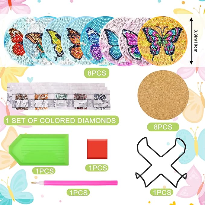 UPINS 8Pcs Diamond Art Painting Coasters for Drinks DIY Life Coaster Diamond Art Kits for Adults Kids Beginners Diamond Art Craft Supplies (Butterfly)