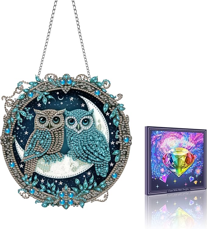 VAIIEYO Owl Diamond Art Hanging Ornament, Animal Bird Diamond Painting Suncatchers Window Hanging Kit with Chain, 7.5x7.5 inch Crystal Pendant Art Craft for Gift Home Wall Front Door Decoration