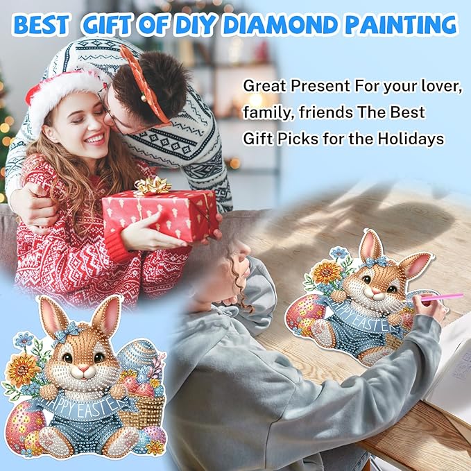Bowetile Easter Hanging Diamond Art Kits for Adults Kids, 5D Special Shape Diamond Painting Rabbit Kits, Easter Diamond Gem Art Suncatchers Painting Pendant Home Decor, Gifts for Kids
