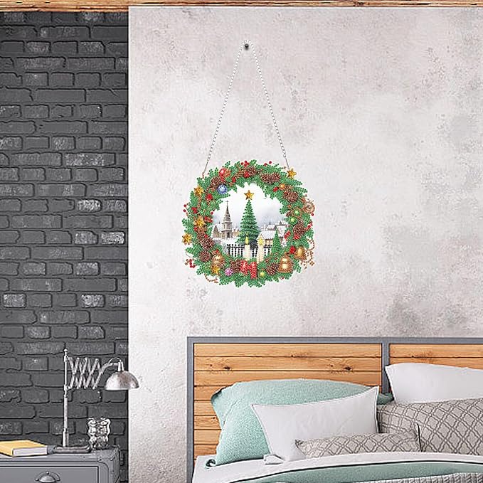 Auremi Christmas Tree Diamond Art Painting Pendant Kits with Chain,5D Christmas Wreath Diamond Art Hanging Kit DIY Diamond Crystal Window Door Hanging Pendant Kit for Adults Gift Wall Decor