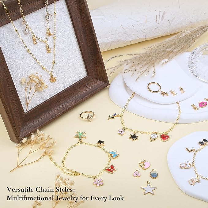 18K Gold Necklace Chain Kit for Jewelry Making, 20 Feet DIY Bracelet Chains with Jump Rings, Lobster Clasps, Connectors, Jewelry Pliers, 30 Colorful Graphic Charms & 36 Letter Pendants