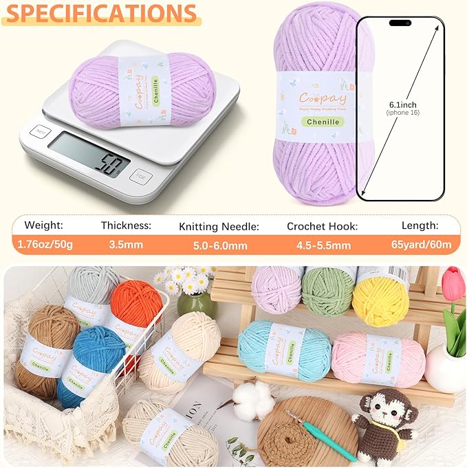 Coopay Chenille Yarn for Crocheting, 8 Pack Medium Weight Yarn - CYC #4 - Total 520yd, Soft Crochet Yarns for Plush Toys, Blankets, Scarves (Purple)