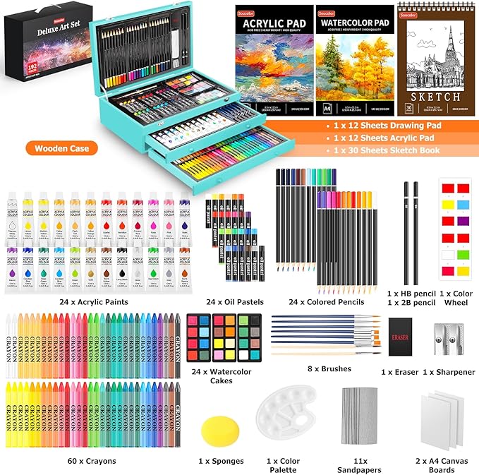 Soucolor Art Supplies, 192-Pack Deluxe Art Set Drawing Painting Supplies Art Kit with Acrylic Pad, Watercolor Pad, Sketch Book, Canvases, Acrylic Paint, Crayons, Pencils, Gifts for Artists Adults