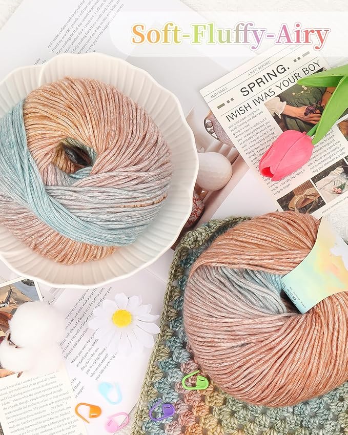 Coopay Yarn for Crocheting Knitting, Gradient Cake Yarns, 2 × 3.53oz - 240yds - 50% Cotton 50% Acrylic Ombre Yarns, Crochet Yarn for Blankets, Shawls, Scarves (110 Oil Painting)