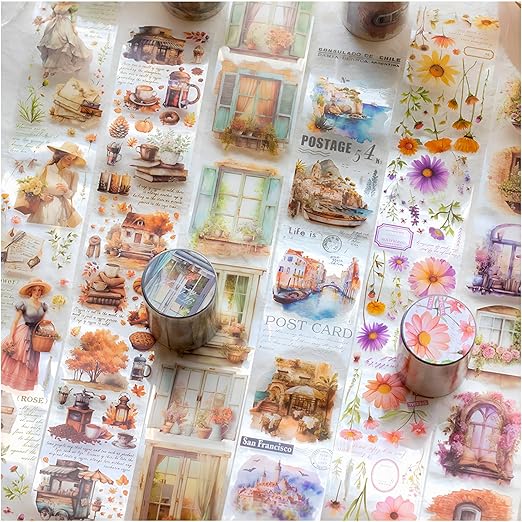 Vintage PET Tape Stickers, Flower Women Caffeine Canvas Cafe Window 6 Rolls Assorted Decorative Tape for Crafts, Journaling, Scrapbooking, Bujo DIY Supplies
