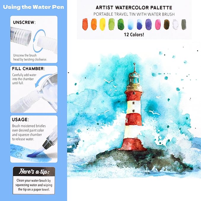 ArtSkills Travel Watercolor Kit, Watercolor Paint Set for Kids & Adults, Travel Palette with Water Brush